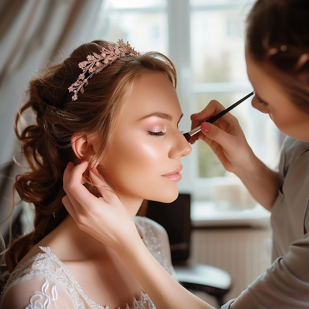 Foto van een make-up artist die een bruidsvrouw elegante make-up doet