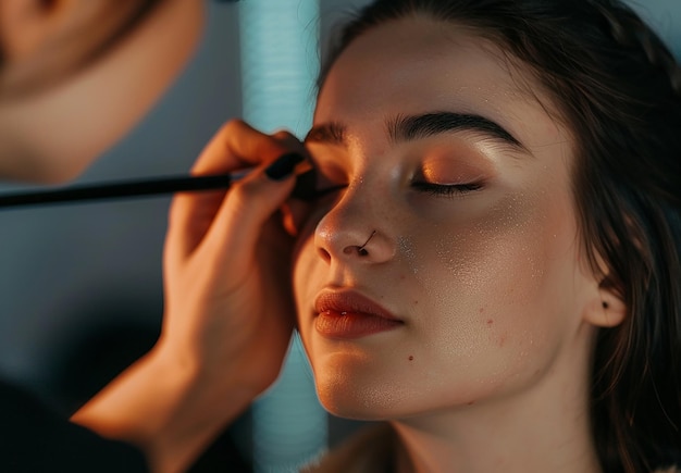 Foto van een make-up artist die een bruidsvrouw elegante make-up doet