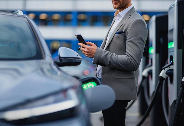 Foto van een man die een elektrische auto op de oplader zet