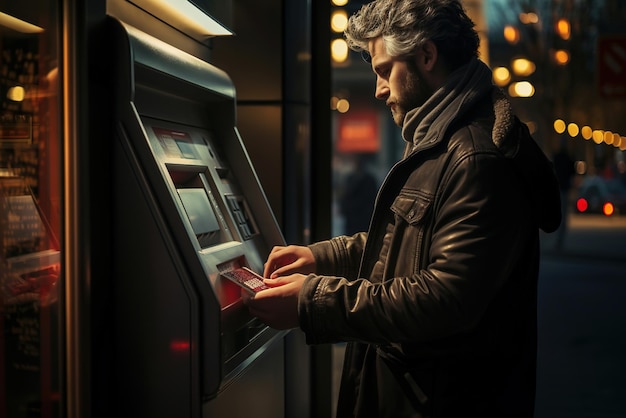 Foto van een man die een leren jas draagt en een geldautomaat gebruikt