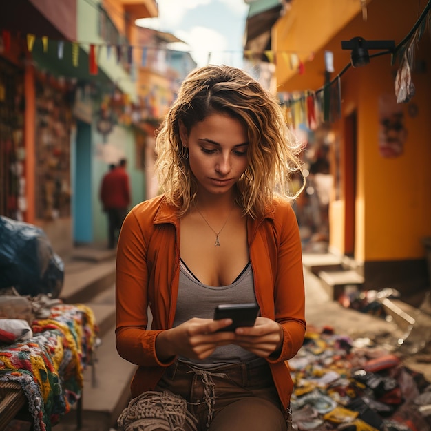 Foto van een man die een wit t-shirt draagt en glimlachend naar het scherm van een mobiele telefoon kijkt in een park