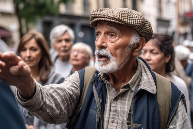 Foto van een man die geschiedenis uitlegt aan zijn groep toeristen gemaakt met generatieve AI