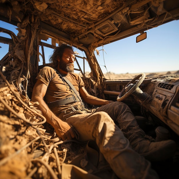 foto van een man die in een geruïneerde auto zit