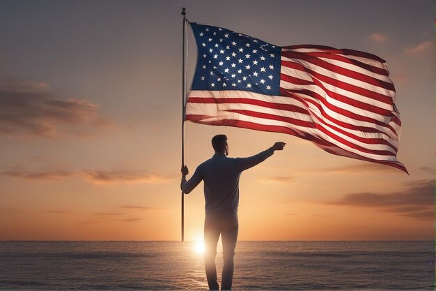 Foto van een man die staat en de Amerikaanse vlag vasthoudt bij zonsopgang uitzicht op New York City