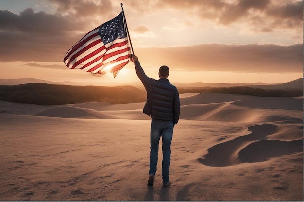 Foto van een man die staat en de Amerikaanse vlag vasthoudt bij zonsopgang uitzicht op New York City