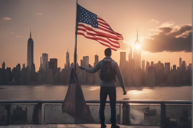 Foto van een man die staat en de Amerikaanse vlag vasthoudt bij zonsopgang uitzicht op New York City