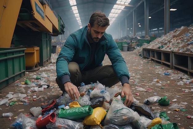 Foto van een man die vuilnis sorteert in een recyclingfabriek die is gemaakt met generatieve AI