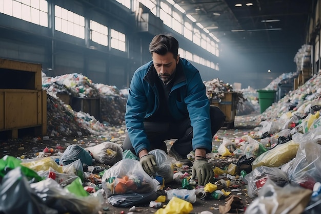 Foto van een man die vuilnis sorteert in een recyclingfabriek die is gemaakt met generatieve AI