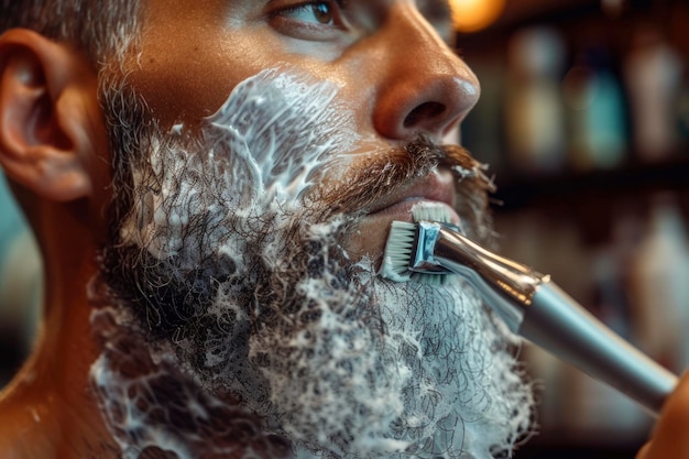 foto van een man die zijn baard scheert