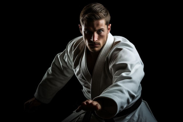 Foto foto van een man in judo-kleding, studioopname, foto van hoge kwaliteit.