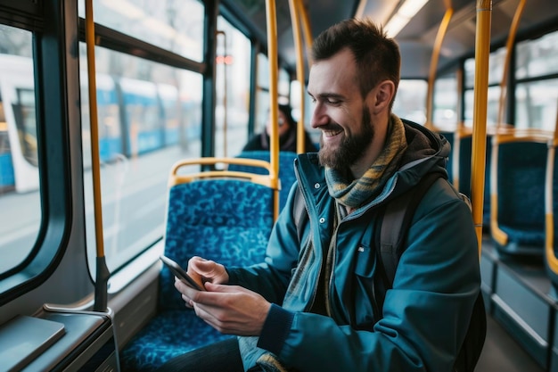 Foto foto van een man met een smartphone in de bus