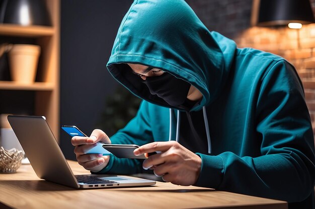 Foto van een mannelijke hacker die een creditcard steelt terwijl hij een online shopping-app op de mobiele telefoon haakt
