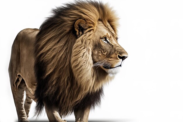 Foto van een mannelijke leeuw die naar achteren staart, geïsoleerd op wit