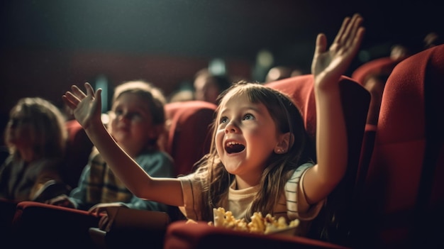 Foto van een meisje dat naar een spannende film kijkt in een donkere bioscoop