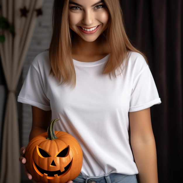 Foto van een meisje met een enge halloween-pompoen in een effen wit t-shirt