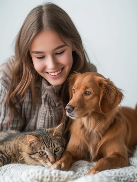 Foto foto van een meisje met een hond en een kat