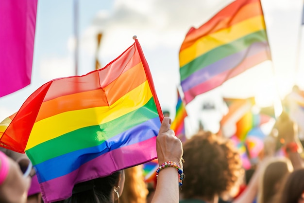 Foto van een menigte met lgbt regenboogvlaggen