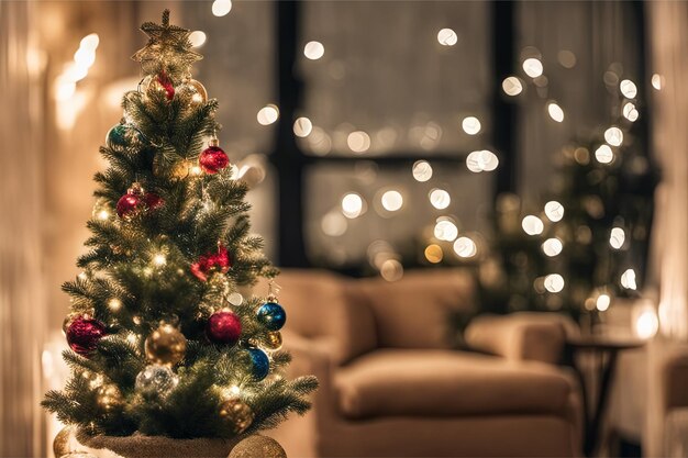 Foto foto van een mini kerstboom met ornamenten in de woonkamer