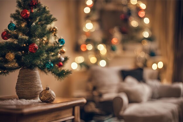 Foto foto van een mini kerstboom met ornamenten in de woonkamer