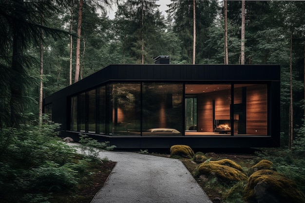 Foto van een minimalistisch huis met uitzicht op het midden van het bos