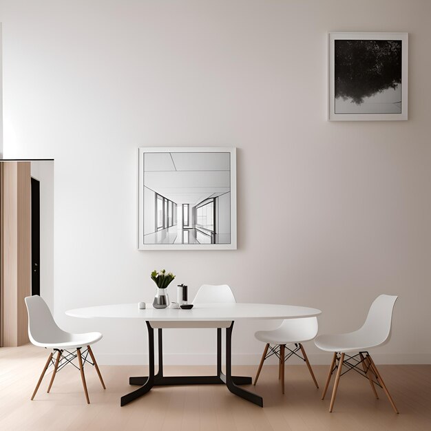 Foto van een minimalistische witte eetkamer met een tafel en stoelen