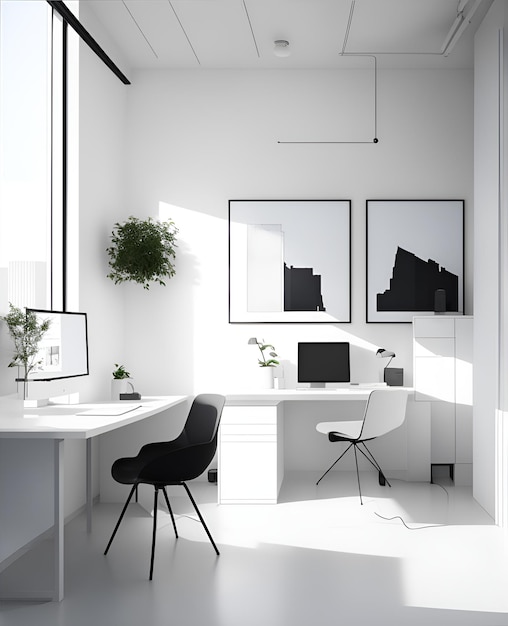 Foto van een minimalistische witte kamer met een bureaustoel en kunst aan de muren