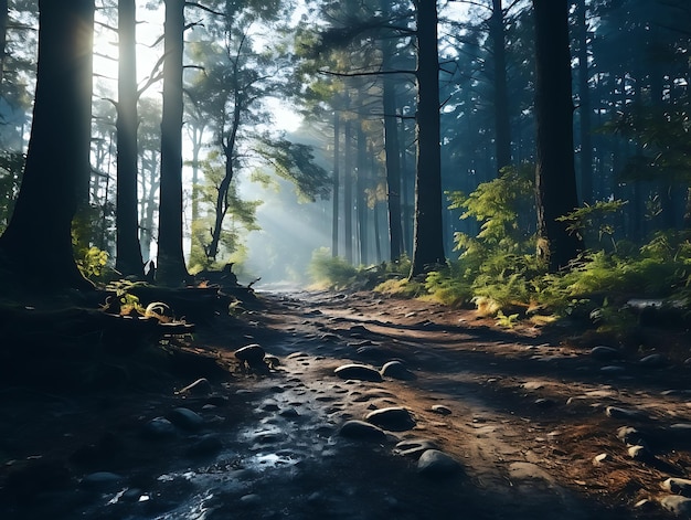 Foto van een mistig blauw bos met zonnestralen die het zonlicht filteren Th Blue Monday Wallpaper Phone