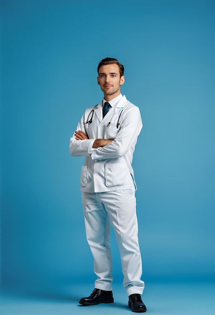 foto van een model arts op blauwe achtergrond