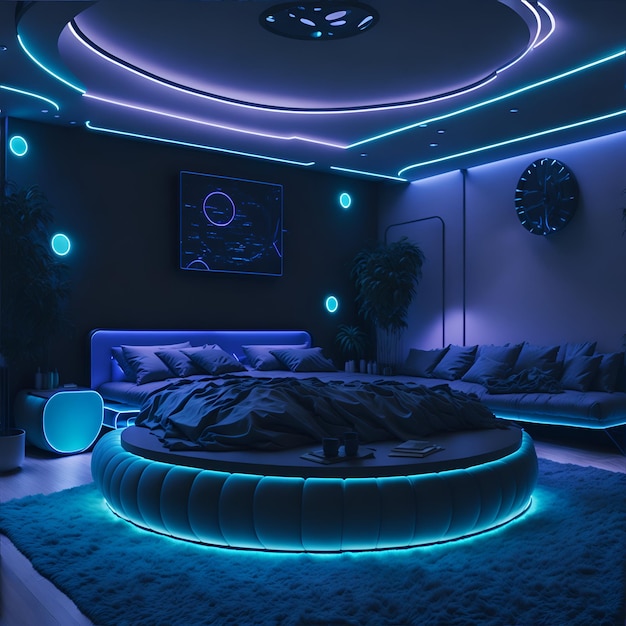 Foto van een modern rond bed verlicht door blauwe lichten in een luxe villaslaapkamer