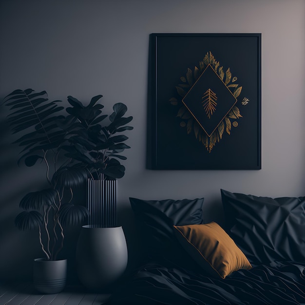 Foto van een moderne en stijlvolle slaapkamer met een zwarte kombers en abstracte schilderijen aan de muur