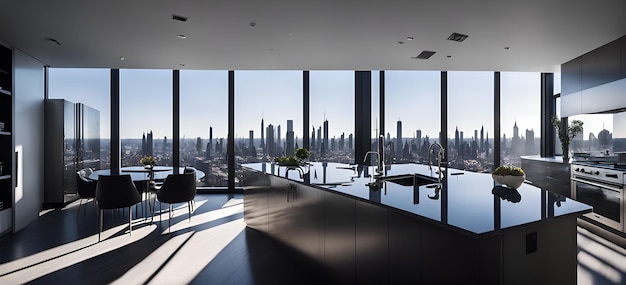 Foto foto van een moderne keuken met een panoramisch uitzicht op de skyline van de stad