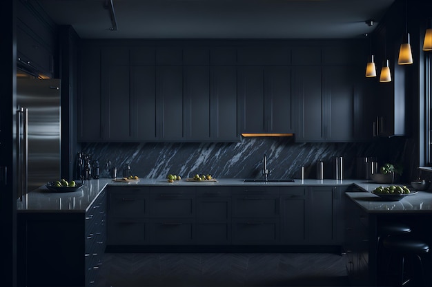 Foto van een moderne keuken met zwarte kasten en strakke marmeren werkbladen