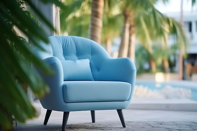 Foto van een moderne lichtblauwe fauteuil alleen op de tropische achtergrond AI Generatief