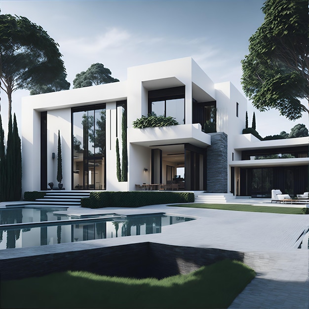 Foto van een moderne witte villa met een prachtig zwembad en een mooie loopbrug