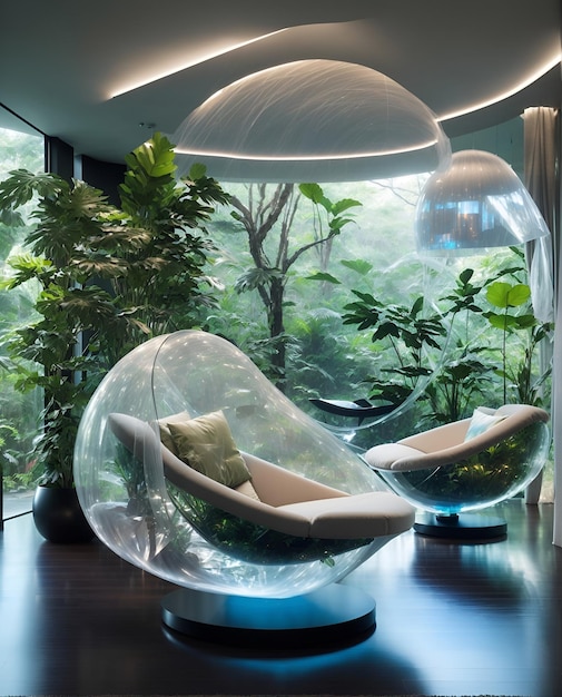 Foto van een moderne woonkamer met een glazen bubbelstoel