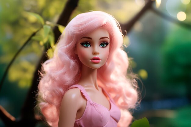 Foto van een mooi poppenmeisje met zachtroze haar en een roze jurk