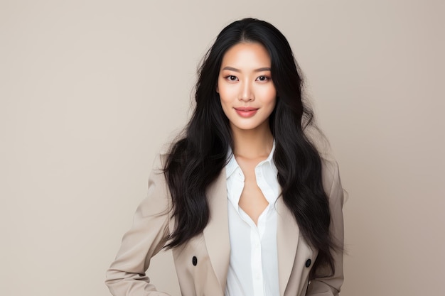 Foto van een mooie Aziatische dame met lang zwart haar gekleed in een beige pak die zich gelukkig voelt en eruit ziet