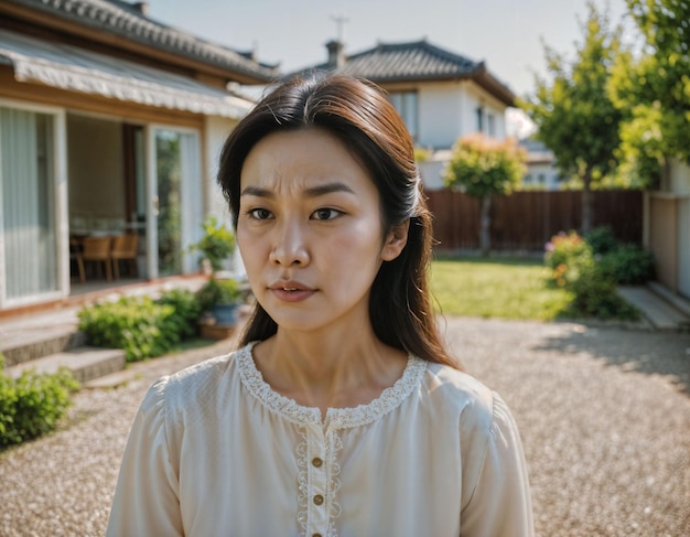 foto van een mooie Aziatische vrouw als een vrouw met een nieuwsgierig gezicht gevoel staan voor haar huis generatieve AI