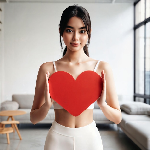 foto van een mooie Aziatische vrouw in een witte sportkleding met een rode hartvorm zorg voor het symbool in een schone minimale kamer generatieve AI