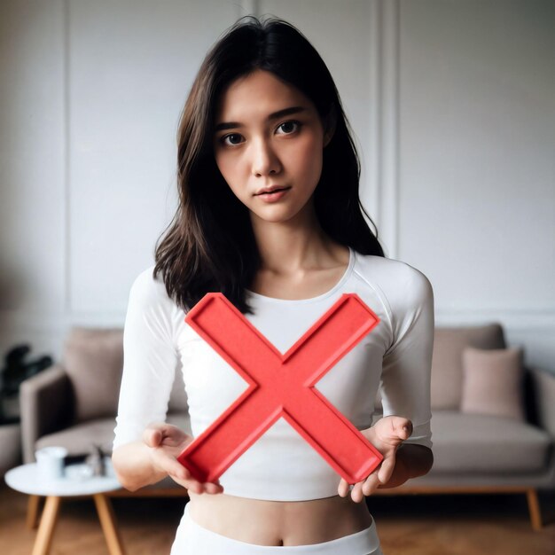 foto van een mooie Aziatische vrouw in een witte sportkleding met een rood verkeerd kruis symbool in een schone minimale kamer generatieve AI