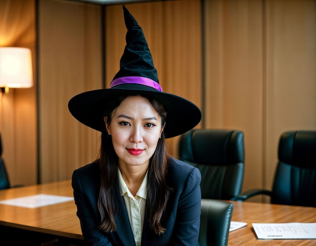 Foto foto van een mooie aziatische vrouw met een halloween heks hoed in het kantoor vergaderzaal generatieve ai