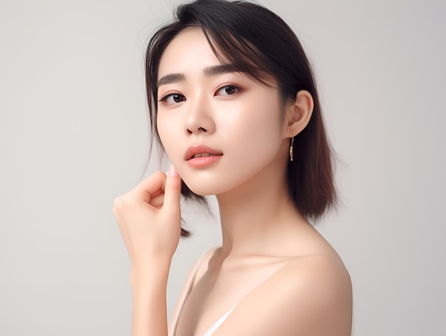 Foto van een mooie en gezonde Aziatische vrouw met een witte, schone achtergrond