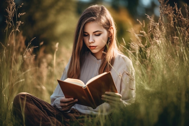 Foto van een mooie jonge vrouw die een boek leest op het gras buiten.