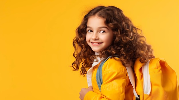 Foto van een mooie student die terugkeert naar de klas met een gele achtergrond