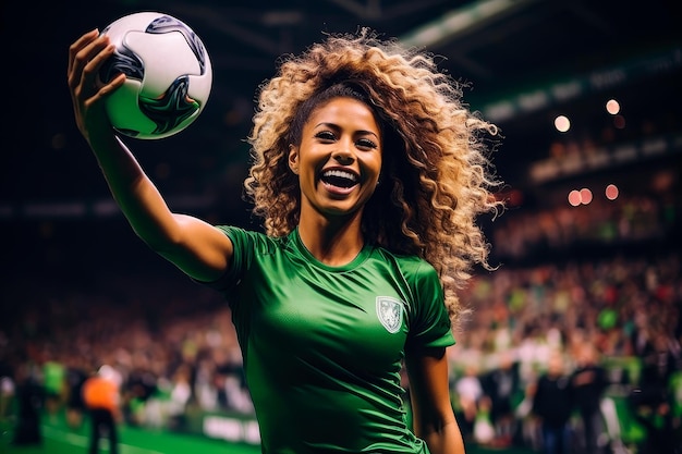 foto van een mooie vrouw die aan het voetballen is