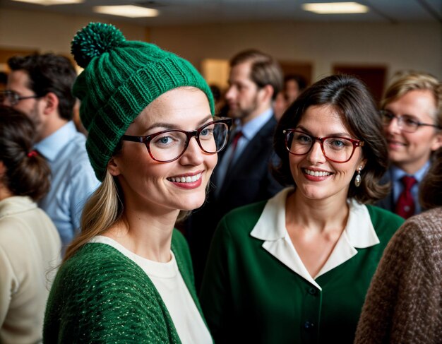 Foto foto van een mooie vrouw met blond haar en een bril en een petje kantoor kamer generatieve ai