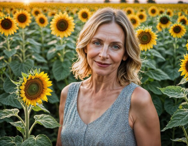 foto van een mooie vrouw van middelbare leeftijd in een gedrukte jurk op een zonnebloemveld generatieve AI