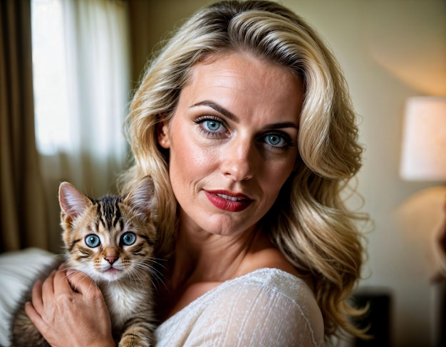 foto van een mooie vrouw van middelbare leeftijd met blond haar die een kitten vasthoudt in de kamer generatieve AI