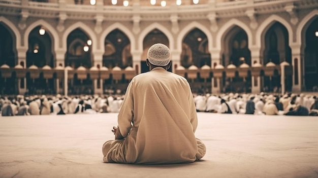 Foto van een moslimpelgrim die in een moskee zit terwijl hij gekleed is voor de hadj GENERATE AI