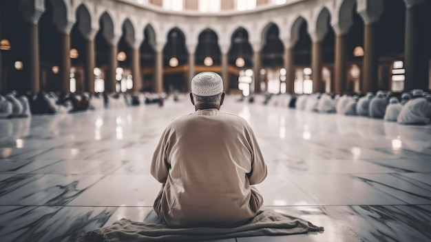 Foto van een moslimpelgrim die in een moskee zit terwijl hij gekleed is voor de hadj GENERATE AI